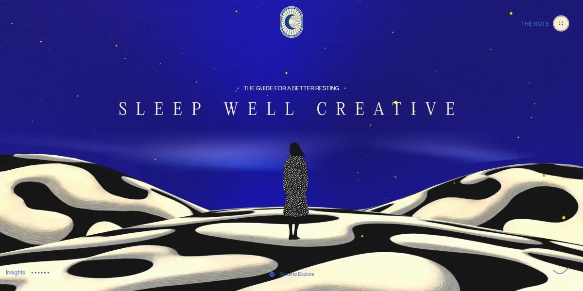 A woman in a dotted black coat on spotted dunes under the title SLEEP WELL CREATIVE