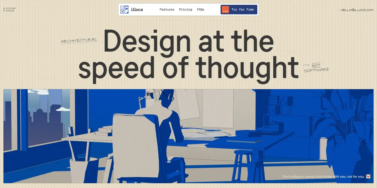 First screen: grid paper with the headline Design at the speed of thought above a window onto an architect